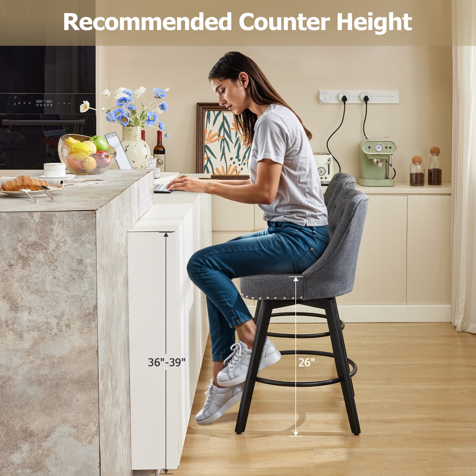 Garvee Counter Height Bar Stools Set of 2, Modern Swivel Bar Stools with Back and Wood Legs, 26" H Seat Height, Linen Fabric Gray for Kitchen Island Home Bar