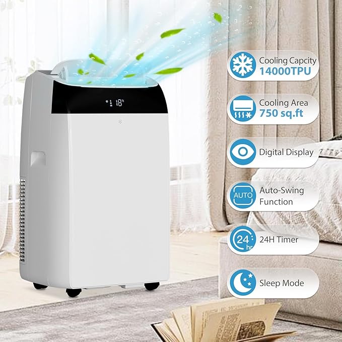 Climatiseur portable Garvee 14 000 BTU avec déshumidificateur et ventilateur, unités de climatisation portables refroidissant jusqu'à 70 m², télécommande, oscillation automatique, mode veille, plateau blanc