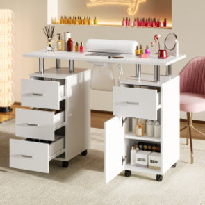 Garvee White Manicure Table with Electric particles Collector – 4 Drawers, Side Cabinet, Lockable Wheels & Wrist Rest, Portable Nail Desk for Salon or Home Storage Furniture, White US Standard