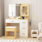 Garvee Vanity Desk with Mirror and Lights, Makeup Dressing Table with Built-In Outlets, Storage Stool, 37x15.75x55.12 Inch, Multi-Color LED Mirror
