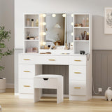 Garvee 56" Modern Vanity Set with LED Lighted Mirror, Farmhouse Makeup Vanity with Power Outlet & Storage Shelves, Bedroom Dressing Table for Women & Girls, 3 Lighting Modes, Brightness Adjustable, White - White