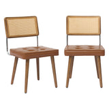 Garvee Dining Chairs 2-Piece Set Brown Mid-Century Design Rattan Backrest PU Cushion Rubberwood Legs Stable Metal Frame Versatile for Dining or Living Room