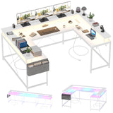 Garvee U Shaped Desk 126 Inch Gaming Desk with LED Lights, Monitor Stand, Reversible, Power Outlets, Storage Bag, Hooks, White - White Willow