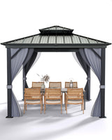 Garvee Outdoor Gazebo 12x12 Hardtop Aluminum Frame Double Roof Mosquito Netting Privacy Curtains Patio Garden Lawn Backyard Parties - Black Spray + Gray Cloth Black Mesh