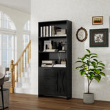 Garvee Bookshelf With Door And 3 Drawers, 71" Tall Wooden Bookcase For Living Room Bedroom Entrance Hallway, Black, 29.53"L x 11.81"W x 71"H - Black