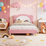 Garvee Twin Upholstered Bed Frame Kids Panda-Shaped Headboard Pink White Velvet Platform Bed Solid Wood Slats No Box Spring