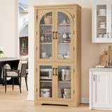 Garvee 70" Tall Kitchen Pantry Cabinet with 4 Arched Glass Doors, Adjustable Shelves, Natural Finish for Kitchen, Dining Room, Living Room, Bathroom, 31.5"W×15.6"D×70.1"H - Natural