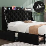 Garvee Queen Bed Frame With 4 Storage Drawers, Wing Back Headboard, Charging Station, Black, No Spring Box, Diamond Cluster Design