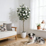 Garvee 5FT Artificial Camellia Tree Indoor Outdoor Decor, Realistic Leaves, UV Resistant, Lightweight, Home Office Porch - White