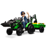Garvee 3 in 1 Ride On Tractor - Battery-Powered Electric Vehicle for Big Kids, Excavator Bulldozer with Trailer, Remote Control, LED Lights, Green, 24V