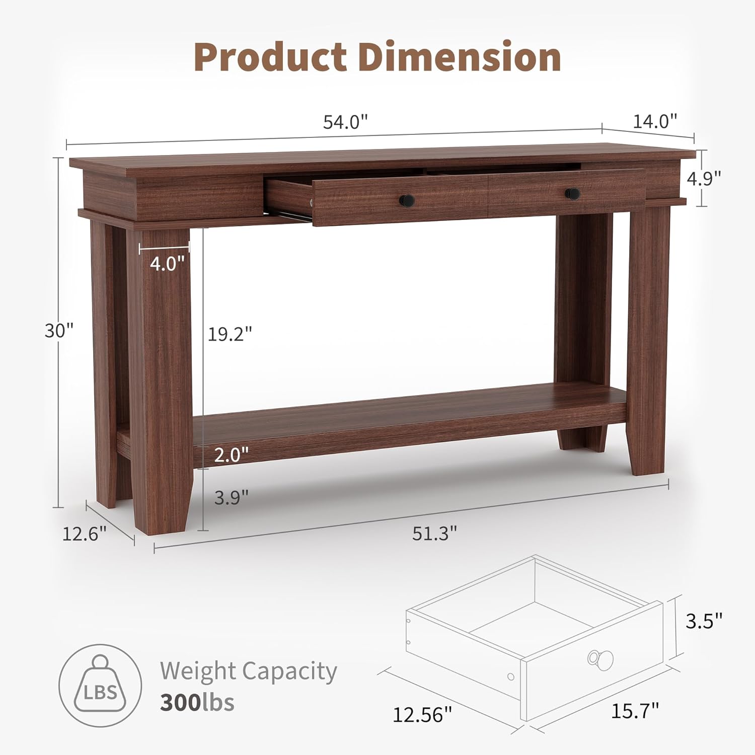 Garvee 54" Rustic Wood Console Table with 2 Drawers & Lower Shelf for Hallway Living Room Behind Couch, 54x14x30, Warm Wood
