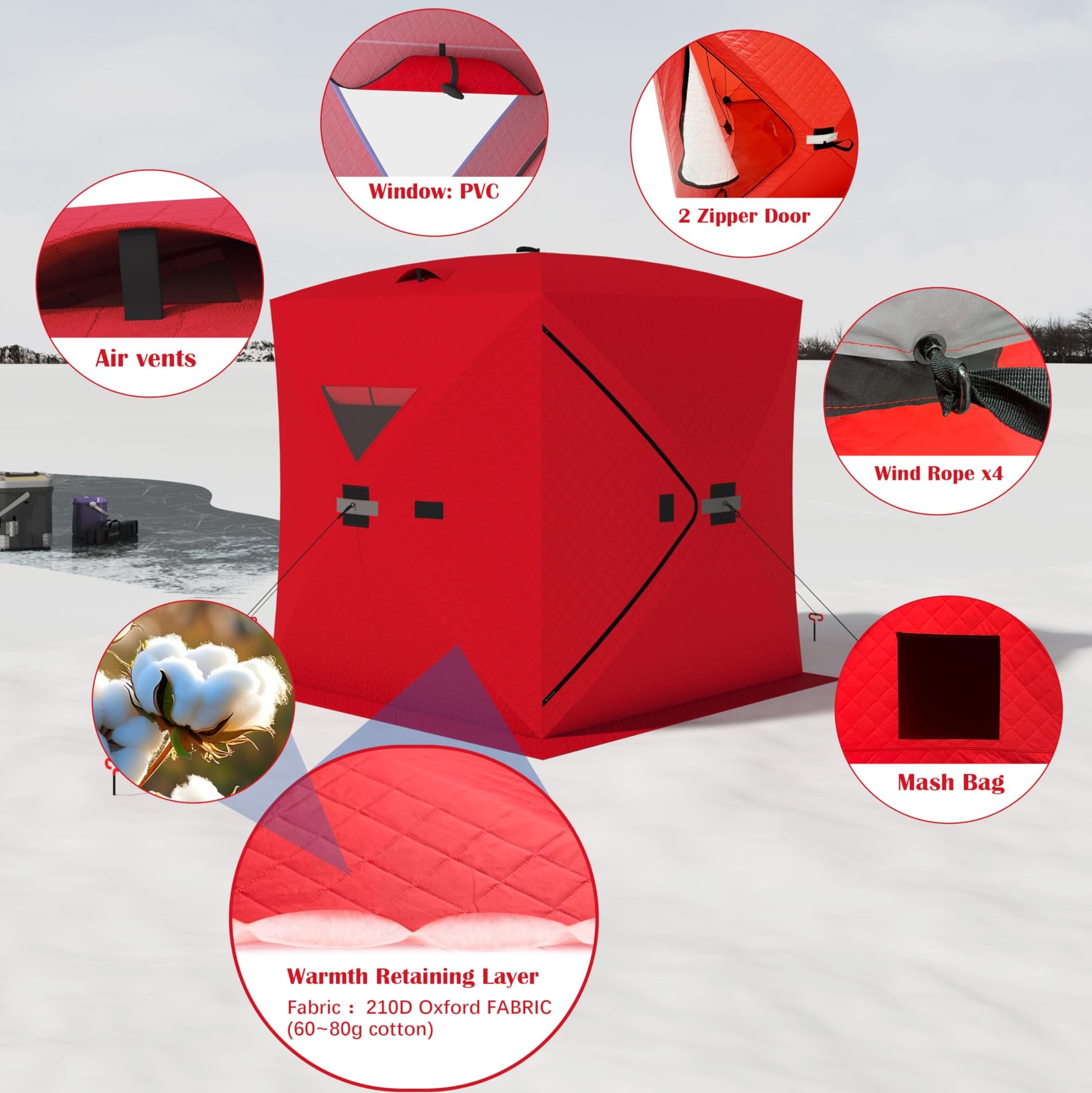 Garvee Ice Fishing Tent, Warmth Retaining Design Pop-Up Portable Hub-Style Ice Fishing Shelter, Thickening 34 Square Feet of Fishable Area, 3-Person Shelter