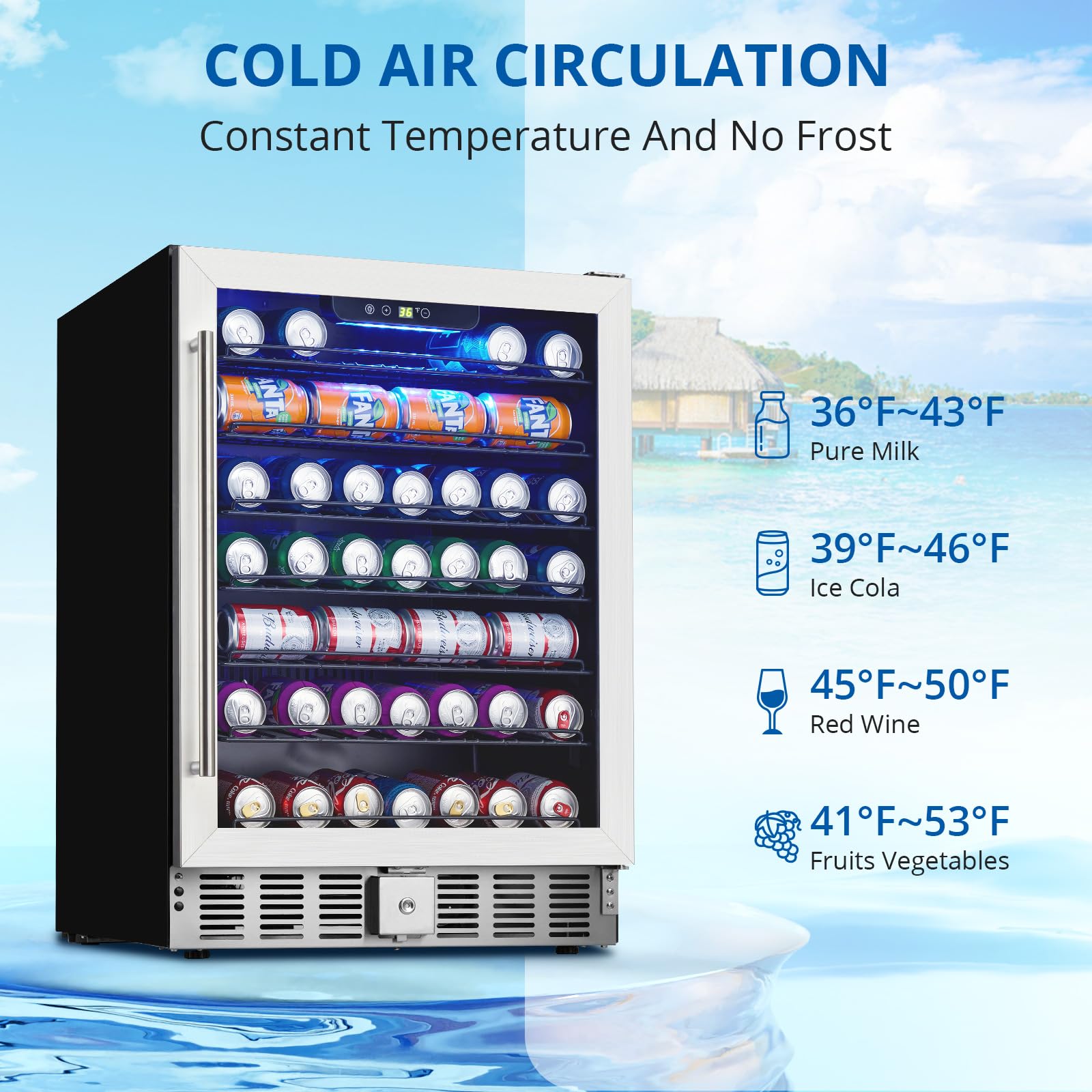 Garvee 5.1 Cu.ft Beverage Refrigerator – 166 Can Capacity, Adjustable Temperature, Under Counter Design, Quiet LED Small Cooler