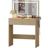 Garvee Fluted Vanity Desk with Large 32-Inch Illuminated Mirror and Lights, Makeup Vanity with 2 Drawers, Adjustable Brightness, Natural Oak for Bedroom - Natural Oak