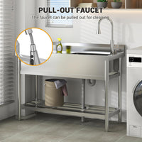 Garvee Évier utilitaire en acier inoxydable 47"L x 20"P x 37"H - Évier simple sur pied avec robinet d'eau chaude et froide pour cuisine, buanderie, restaurant, garage, jardin