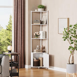 Garvee 5 Tier Corner Shelf Stand with LED Light, 57'' Tall Metal Frame, Wood Shelves for Living Room, Bedroom, Kitchen, Bathroom, Home Office, Entryway - Space Saving, Sturdy, Versatile, Black - White
