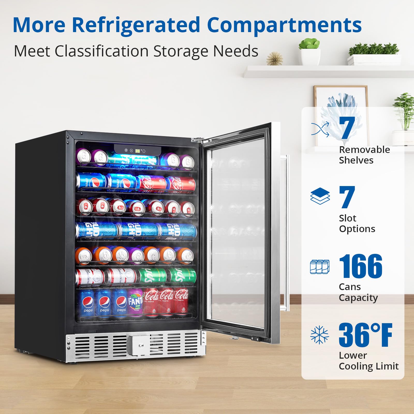Garvee 5.1 Cu.ft Beverage Refrigerator – 166 Can Capacity, Adjustable Temperature, Under Counter Design, Quiet LED Small Cooler