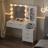 Garvee Modern Makeup Vanity Desk with Lighted Mirror, Power Outlets, Large Storage, White, Bedroom Dressing Table for Women & Girls