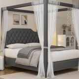 Garvee Upholstered Canopy Bed Frame Queen Size with Headboard, Button Tufted, Nailhead Trim, Dark Grey, No Box Spring Required
