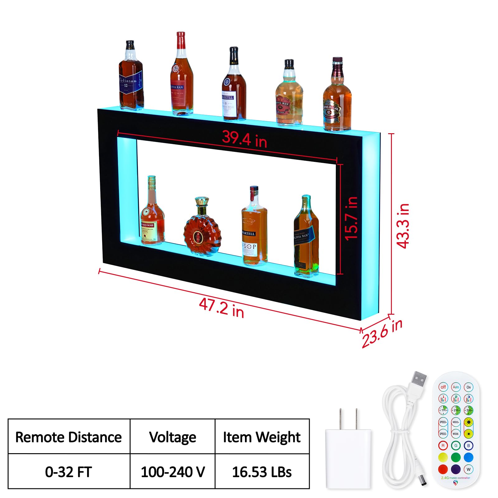 Garvee Liquor Bottle Display Shelf, Square 2 Tier 48 in LED Lighted, Multi-Color, Remote & App Control for Bar