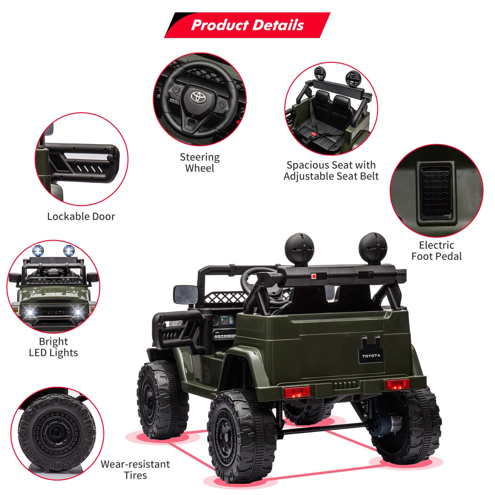 Garvee Ride - P Series: 12V Ride on Car for Kids, Licensed Toyota Ride on Truck, Battery Powered Electric Kids Car with Remote Control, Music, LED Lights, Suspension System, Double Doors, Safety Belt,Ride On Toy - Green