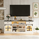 Garvee Farmhouse TV Stand for 75 in TVs with Power Outlets, LED, Barn Doors, Adjustable Shelves, 66" White+Black Top - White+Black Top