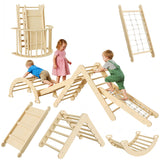 Garvee Pikler Triangle Set 8-in-1 Foldable Wooden Baby Climbing Toys with Arch, Ramp & Ladder for Indoor Toddler Play, Natural Wood Color - 