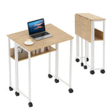 Garvee Folding Desk Small Rolling Desk with Storage Shelf for Home Office and Study, 31.5 Inch Foldable Computer Table, Space Saving Sofa Table with Wheels, Easy Assembly - Oak