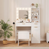Garvee Vanity Desk with Lighted Mirror Makeup Vanity with Charging Station Cushioned Stool 3 Drawers for Bedroom Makeup Studio White