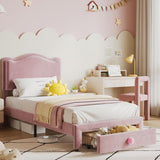 Garvee Upholstered Twin Bed Frame with Storage Drawer and Scallop Headboard for Kids Girls, Princess Twin Size, Pink