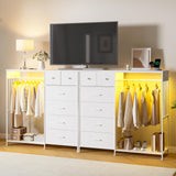 Garvee Dresser With Hanging Rack, 6 Fabric Drawers, Wooden Top Storage Chest, Charging Station, LED Lights, Grid Panel, Closet Organizer, 49.2 Inch, Multi-Color - White