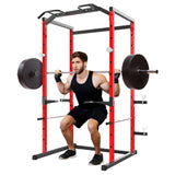 Garvee Power Cage Squat Rack for Home Gym, 1100LB Capacity, Red, With Pull-Up Bar & Dip Bars, Adjustable Safety Bars, Compact Design