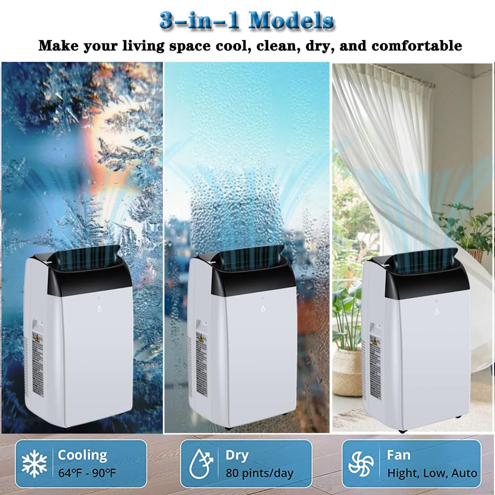 Garvee 12000 BTU 3-in-1 Portable AC Unit | Cools 550 sq.ft with Fast Auto Cooling | Quiet Air Conditioner with Dehumidifier for Bedroom & Living Room - Black