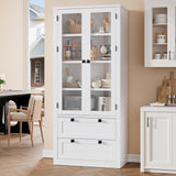Garvee 72" Tall Kitchen Pantry Cabinet White - Modern Storage Cabinet with Glass Doors, Adjustable Shelves, and Large Drawers for Dining Room, Bathroom, Living Room - White