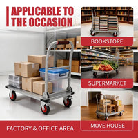 Garvee Heavy-Duty Flatbed Platform Truck Cart - 2000 lb Capacity, 36 x 24 in Steel Deck, Collapsible Handle, 6 in Swivel Polyurethane Casters w/ Brakes - Shop/Warehouse - Silver + Orange Wheels
