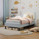 Garvee Twin XL Size Bed Frame with LED Lights, Adjustable Bear Headboard, Soft Blue Velvet, Solid Wood Slat Support, Noise-Free, Easy Assembly