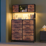 Garvee Dresser with 12 Drawers, Charging Station & LED Light, Metal Frame, Wooden Top, Brown for Bedroom, Living Room, Entryway - Brown