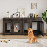 Garvee 71 in Large Double Dog Crate Furniture with 3 Drawers for Medium Large Dogs, Walnut, Indoor Kennel & TV Stand - Walnut