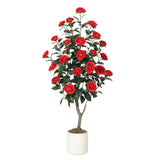 Garvee 4FT Artificial Camellia Tree with Red Flowers, Faux Plant for Indoor Outdoor Decor, Red - Red