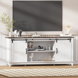Garvee 66 in Farmhouse TV Stand with Power Outlets for 75 in TVs, Entertainment Center with Sliding Barn Door, Large Storage Cabinets, 28 in Tall, Rustic White - Rustic White
