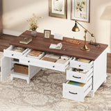 Garvee Executive Desk with File Drawers Farmhouse Home Office Desk with Charging Station 60 in White Walnut - White Walunt