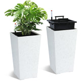 Garvee 21.6" Tall Rectangular Planters Set of 2 Large Modern Plant Pots with Drainage Holes＆Water Level Monitor＆Wheels Outdoor and Indoor for Patio, Porch, Living Room, or Home Office,White and Black Dots - White