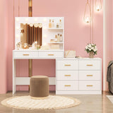 Garvee 61" Make Up Vanity Desk with Mirror and Lights, 8 Wide Storage Drawers, 3 Lighting Modes, Adjustable Brightness, White for Bedroom - White