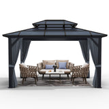 Garvee 10x13 ft Permanent Aluminum Gazebo with Dual-Layer PC Roof, Metal Pavilion Canopy for Patio Backyard Garden, Retractable Curtains, All-Weather Sunshade Structure
