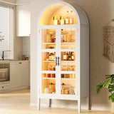 Garvee 70" Tall Arched Kitchen Pantry Cabinet with LED Lights, Modern Wood Arched Bookshelf, Glass Doors, Adjustable Shelves, Elegant Display Cabinet for Kitchen, Dining Room, Living Room, White - White
