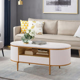 Garvee Modern Luxury Fluted Coffee Table With Storage Drawer, 48" Oval Faux Marble Top, Golden Legs For Living Room, Reception, Home Office