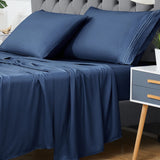 Garvee King Size Bamboo Rayon Cooling Sheets Deep Pocket Luxury 4-Piece Set White - Navy Blue