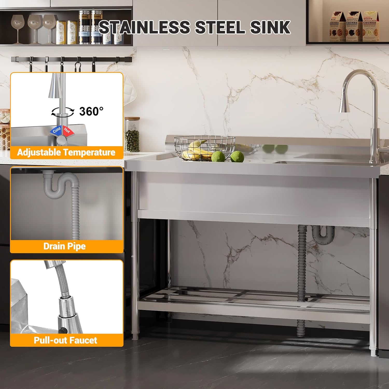 Garvee Évier utilitaire en acier inoxydable 47"L x 20"P x 37"H - Évier simple sur pied avec robinet d'eau chaude et froide pour cuisine, buanderie, restaurant, garage, jardin
