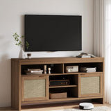 Garvee Boho TV Stand for TV up to 65 Inch, 58" Modern Rattan Entertainment Center with Storage, Adjustable Shelves, Oak for Living Room Bedroom Apartment Farmhouse
