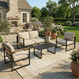Garvee Outdoor Patio Furniture Sets of 4 Metal Conversation Set with Coffee Table Loveseat 2 Chairs Thick Cushions for Porch Deck Garden